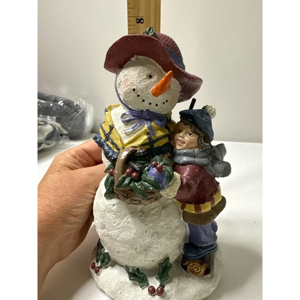 Snowman Figurine Girl Holding Basket Winter Holiday‎ Christmas Decor